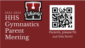 HHS Gymnastics Parent Meeting slide with QR Code